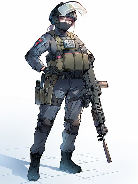 score_9, score_8_up, score_7_up, score_6_up, score_5_up,  <lora:tacticalclothesXLP:1>tactical clothes, 1girl, weapon, gun, solo, gloves, rifle, holding weapon, holding, mask, holding gun, helmet, assault rifle, military, boots, white background, black gloves, full body, looking at viewer, pants, hand on hip, black footwear, tactical clothes, uniform, standing, mouth mask, radio, bulletproof vest, pouch, military uniform, trigger discipline