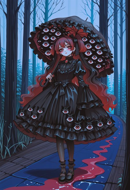 MF9f, dhjs, bnl0, aGl0, traditional media, abstract, abstract background, painting \(medium\), no lineart, surreal, liquid,
1girl, gothic_lolita, black hair, red hair, very long hair, wavy hair, two side up, hair bow, red eyes, bright pupils, two-tone hair, gradient hair, two-tone hair, hair ornament, masterpiece, best quality, absurdres,
(horror \(theme\), eldritch abomination), disembodied eyes, extra eyes, too many eyes, eyes on clothes, eyes on skirt, (empty eyes),
gothic, gothic_lolita, black dress, frilled dress, layered dress, blouse, showgirl skirt, puffy sleeves, long sleeves, wide sleeves, frilled sleeves, sleeves past fingers, too many frills, too many bows, ribbons, earrings, brooch, jewelry, black pantyhose, frilled socks, shoes, 
lipstick, red lips, fake eyelashes, blush, gothic makeup,
outdoors, night, (dark), overcast, path, forest, bare trees, fog,
solo, full body, looking at viewer, expressionless, parasol, holding umbrella, frilled umbrella