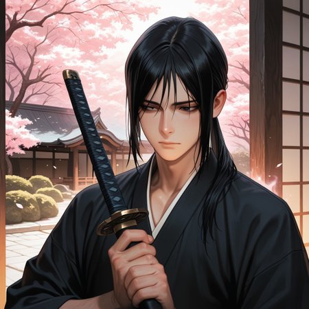 masterpiece, best quality, amazing quality, absurdres, newest, detailed background, definition so sharp, Ultra-HD, 8K cinematic, very awa, impressionate, amazing quality, highres, 
solo, male focus, manly, 
kurohyatogami, kuroh_black hair, kuroh_black eyes, 1boy, low tied hair, long hair, 
calm expression, gentle gaze, holding sword \(sheathed\), traditional japanese garden, cherry blossoms, soft lighting, peaceful, protective, serene, cool, warm aura