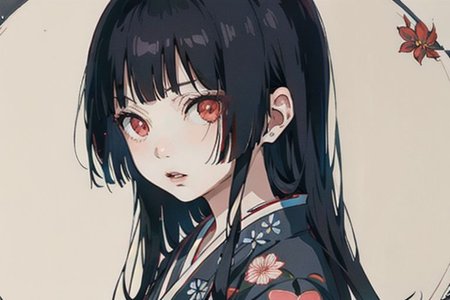 enma ai, hair down, hair black, bangs, eyes red, masterpiece, best quality, ultra-detailed, illustration, 1girl, solo, highres, photorealistic, ultra high res, (Original illustration composition), (fusion of limited color, Maximalism artstyle, kimono obi fashion, double exposure, background, illustration, Amazing, lily spider, night darkness, open one's mouth, flowers red, Movie poster, sitting