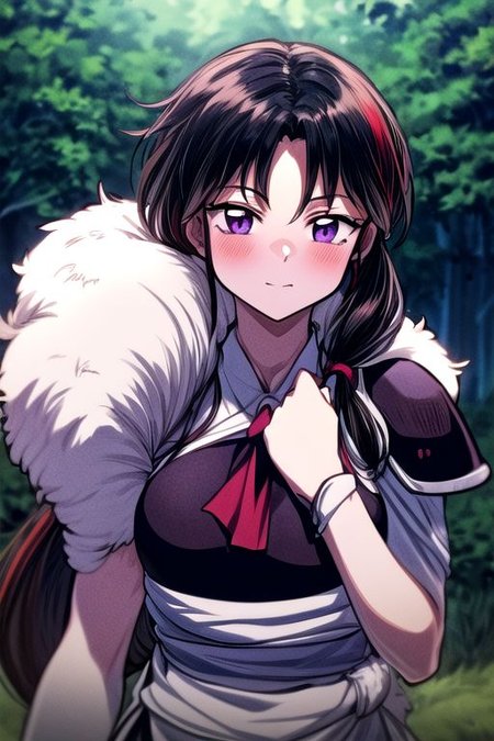 masterpiece,  best quality 1girl Setsun4 solo long hair,  (night time) forest background black hair very long hair purple eyes multicolored hair armor (fur trim) (medium body),<lora:EMS-179-EMS:0.800000>,<lora:EMS-293862-EMS:0.800000> bow, hair_bow, hair_tubes, red_bow, brown_hair, long_hair, bangs, ascot, frilled_bow, yellow_ascot, blush, smile, hair_between_eyes, athletic, armor, miko
