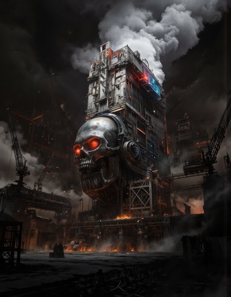 By Arthur Yuan. A digital illustration shoot from a frontal camera angle about a stylized, abstract composition featuring a futuristic, metallic skull with glowing red eyes, set against a dark, smoky industrial background. the skull is positioned in the center of the image, surrounded by a chaotic, industrial setting with smoke, cranes, and other structures. the background is filled with industrial elements such as metal structures, pipes, and machinery, creating a sense of chaos and destruction. on the middle of the skull, a large, metallic structure with intricate details and glowing red and blue accents is visible, emitting a plume of smoke and flames. the overall mood is dark and moody, with a focus on the skull and its surroundings.