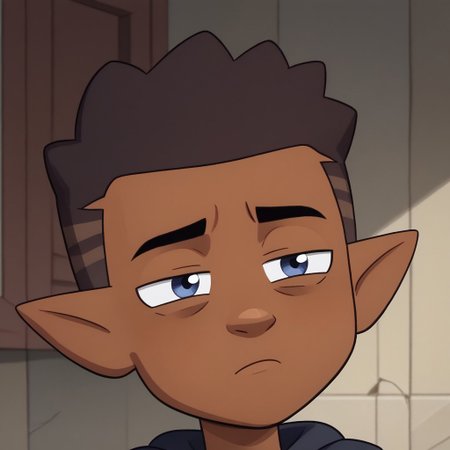 brown skin and dark brown hair with lighter shades, pointy ears, dark blue eyes,