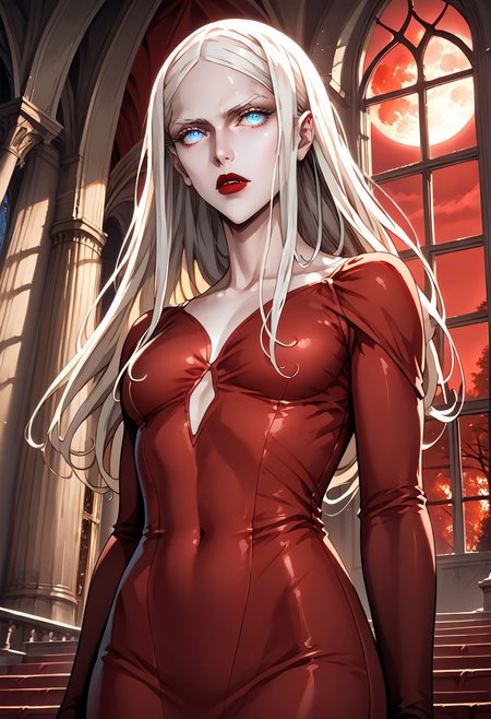 score_9, score_8_up, score_7_up, source_anime, (Masterpiece), (anime, illustration), 4k, high res, highest quality, ray tracing, perfect eyes,
BREAK,
A beautiful woman stands in a tight-fitting, red dress, 
Carmilla, Carmilla(Castlevania), Carmilla_(Castlevania), 1woman, vampire, pale skin, albino, red dress, long dress, pauldrons, long hair, white hair, long hair, (blue eyes:1.2), by a window, 
Red sky, full moon, castle,
