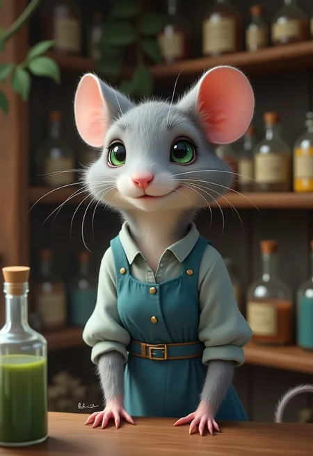 a stunning representation of a sweet, and beautiful, feral, mouse with green eyes. Soft, light gray fur covers her body accentuating her white cheeks. She wears a simple yet elegant blue dress, giving her an air of sophistication. The scene is an apothecary where she stands behind the counter as the shopkeeper. The shelves behind her are festooned with colourful bottles and potions. She greets the viewer cheerfully. Stuart little
