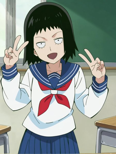 score_9, score_8_up, score_7_up, score_6_up, score_5_up, score_4_up,,  source_anime,rating_safe,, ,
, BREAK, uncensored,
1girl, smile, open mouth, looking at viewer, ,
 <lora:mobp_kuratatome:1>, kuratatome, medium hair,  black hair, sanpaku, black legwear, blue skirt, long sleeves, pleated skirt,  school uniform, serafuku, 
solo,  
classroom,
anime screencap, v,
 open mouth, standing, hip,