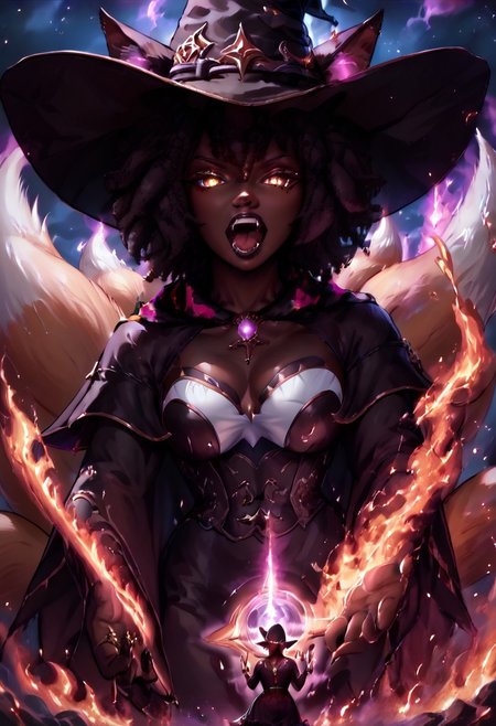safe_pos, (score_9, score_8_up, score_7_up), 8K, (best quality:1.2),
((1girl)),
dark skin, black hair, perfect beautiful face, (very short round afro: 1.8), (((Kitsune)), (Fox ears:1.6), ((fox tail:1.6)), ((nine tails:1.6)), long fox tails), saddle brown tails:1.6, black fur tips: 1.6), glowing yellow eyes, cat pupils, open mouth showing teeth, fangs, seductive look, beautiful woman, giantess, close up, 

large round breasts, tall torso, small round ass, 
black lipstick, silver jewelry, ornate necklaces with glowing purple gem stones, purple and black loosely laced shirt, goth outfit, black thigh high laced boots, white and gold corset, tight black leather skirt, black finger nails, black leather boots, (witch hat:1.4), purple flames, (Spell rings, (dark aura)), black fire, black hole in hands, holding black holes, (dark forest theme), 
out of focus luminous fire in background