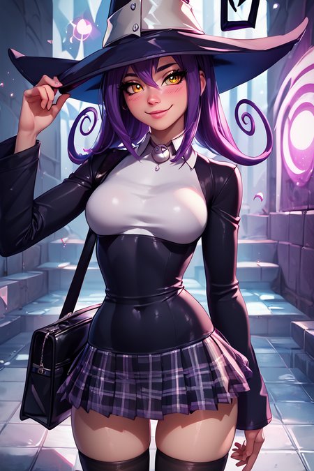 score_9, score_8_up, score_8, medium breasts, (curvy), cute, eyelashes,       BREAK, , zzBlair, 1girl, solo, yellow eyes, purple hair, witch hat, witch, detached sleeves, black short dress, thighhighs,  <lora:Blair_SoulEater_PDXL_v1:1.0>, , BREAK, closed mouth, alternate costume, smile, looking at viewer, collared shirt, blush, sweater, black skirt, eyelashes, long sleeves, sleeves past wrists, plaid skirt, shoulder bag, black bag, blurry, tile floor, pleated skirt, white shirt, cowboy shot, ,,, embedding:zPDXL, Expressiveh, ,,, <lora:Vivid:0.7>, <lora:Uncensored_PonyXL_cpt_v02.09:0.4>, <lora:Expressive_H-000001:0.4>,