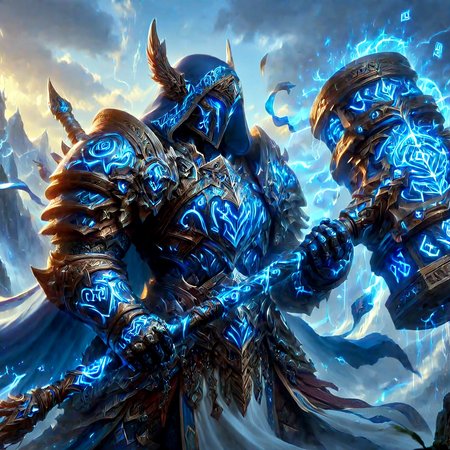 best quality, realistic photo of  A stalwart paladin of light, full body,  clad in ornate shining armor adorned with intricate runes, hood, glowing rune armor, surging power,radiant blue aura,  stands tall with a fierce determination in their eyes, His hand grips a giant two-handed  glowing rune battlehammer adorned with ancient symbols of power and protection, The paladin's armor glimmers with a soft divine light as if imbued with the radiance of the heavens, detailed background. The runes on his weapon and armor seem to pulse with a life of their own as if channeling the power of the gods. The background is a stylized mystical landscape of rolling hills and towering mountains bathed in a warm golden light that seems to emanate from the paladin's presence. The runes on the weapon and armor glow with a soft blue light as if infusing the paladin with the power of the elements,  dynamic, huge weapon, clear, detailed ,intricate details,  legendary, complex, highly structured, colorful, extremely aesthetic, cinematic, sharp focus, great composition, epic, fantastic colors, surreal, artistic, elegant, perfect, glowing runes, glowneon, masterpiece,
<lora:add-detail-xl:2.0>, <lora:glowneon_xl_v1:0.6> , <lora:Flash_Glowing_Runes_SDXL:0.9>,<lora:BattlehammerV2:0.8> ,  <lora:detailed_notrigger:1>
<lora:hand 4:0.8> Hand
