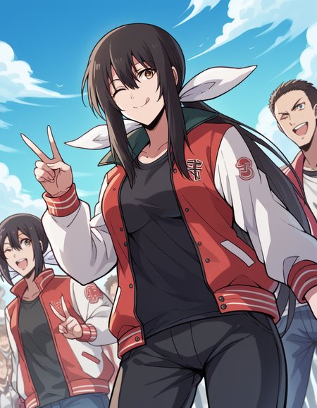 score_9, score_8_up, score_7_up, source_anime, <lora:uchika-hanesaki-s1-ponyxl-lora-nochekaiser:1>, uchika hanesaki, long hair, black hair, ribbon, brown eyes, hair ribbon, sidelocks, large breasts,, <lora:letterman-jacket-ponyxl-lora-nochekaiser:1>, letterman jacket, jacket,, outdoors, crowd, people, v, v over eye, one eye closed, tongue out, smile, beanie, pants, open clothes, open jacket, , dutch angle, cowboy shot