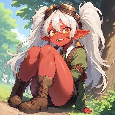 score_9, score_8_up, score_7_up, 1girl, solo, goblin girl,, red skin, orange eyes,, twintails, white hair, sharp tooth, nervous expression, ear piercing, earrings, long pointy ears, plump, cute, looking at viewer, engineer uniform, little  female, forest background, legs, full body, dutch angle, goggles over head