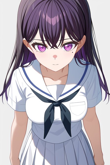 <lora:Shiina_Taki_PonyXL:1>, shiina taki, 1girl, solo, long black hair, mole, mole under eye, purple eyes, serafuku, white shirt, white skirt, neckerchief, simple grey background, aged up, medium breasts,, best quality, masterpiece, highres,