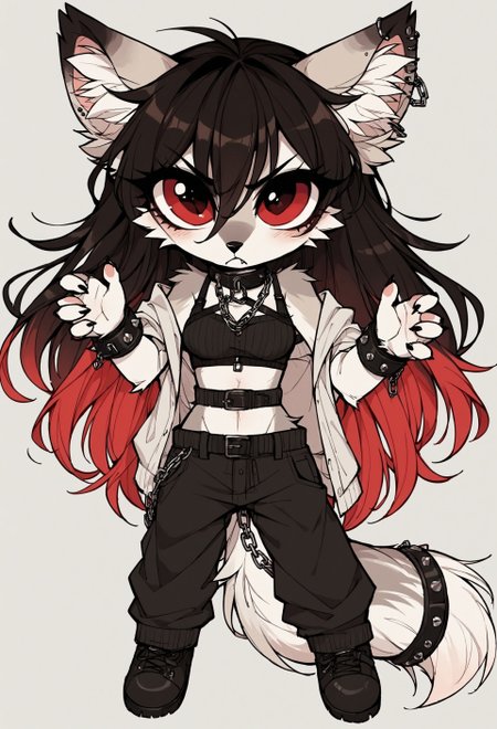 safe_pos, score_9_up, score_8_up, score_7_up, score_6_up, source_furry, (best quality:1.1), ultra-detailed, high resolution, highly detailed macro illustration, solo BREAK 1girl, Rixa, anthro, female, (gray and white fur), shiny, animal ears, black ear tips, fluff in ears, thin black eyebrows, black animal nose, (beautiful red eyes:1.4), (long eyelashes:1.2), black hair, red tipped hair, long hair, striped fluffy tail, slim, narrow waist, breasts, fangs, piercing, sharp teeth, close-up,, (angry expression, cute face:1.2), (frown) BREAK mikus-concept, full body, big eyes, BREAK indoors, ceiling, chain, looking at viewer, hands up