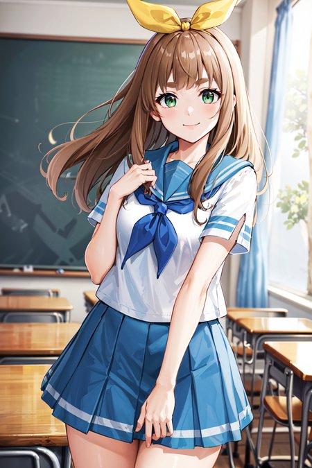 masterpiece, best quality, highres, yuuko1, 1girl, solo, school uniform, green eyes, long hair, neckerchief, pleated skirt, brown hair, blue skirt, blue neckerchief, yellow_hair_ribbon, short sleeves, white shirt, blue sailor collar, bangs, eyebrows, <lora:yoshikawa_yuuko_v1:0.6>, cowboy shot, classroom, smile, trumpet,