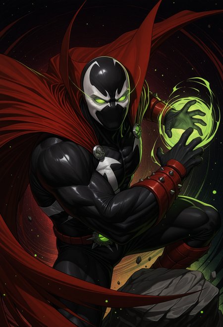 solo, 1boy, male focus, full-length portrait, sp4wn, mask, green glowing eyes, no pupils, red cape, action pose, dynamic, magic user, particles, muscular, (abstract background, multicolored background, lineart:1.3), rock, superhero,
perfect anatomy, masterpiece, perfect quality, best quality, detailed, newest, very aesthetic <lora:Spawn_Marvel_V1_ILXL:1.0000000000000002> <lora:noobai_ep11_stabilizer_v0.138_fp16:0.6>