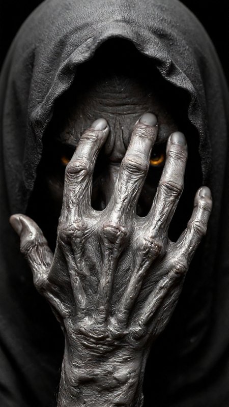 highly detailed, digitally created artwork that depicts a close-up of an elderly hand, partially obscured by a hooded figure. The hand, which is gnarled and aged, has long, bony fingers with prominent veins and wrinkles, giving it a skeletal appearance. The fingers are positioned in front of the face, with the index finger covering the right eye and the thumb partially covering the left eye, creating a sense of mystery and intrigue. The eyes that are visible are large, yellow, and glowing, with a piercing intensity that adds to the eerie atmosphere. The face beneath the hood is not fully visible but appears to be dark and shadowy, with a hint of a grimacing expression. The hood itself is dark, blending into the background, which is also dark and indistinct, enhancing the feeling of suspense and secrecy. The texture of the skin on the hand is rough and leathery, adding to the realism and creepiness of the image. The overall mood is dark and foreboding, evoking a sense of the macabre and the supernatural.,aidmaimageupgrader, aidmaMJ6.1 <lora:aidmaMJ6.1-FLUX-v0.5:0.7> <lora:aidmaImageUprader-FLUX-v0.3:0.4>