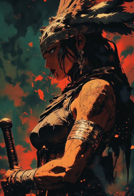 Female aztec warrior, tribal, wolf head hat, Revenant, war paint, face paint, eye black, glowing eyes, in profile, toned arms, braided hair, battle damaged armor, large breasts, breast plate, dark and moody background, adds a dramatic tone, subtle lighting reflections, ray traced, foreshortening, particle effect, Holding a sword,
