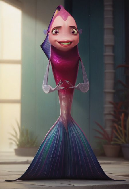 score_9, score_8_up, score_7_up, score_6_up, score_5_up, score_4_up, angie_st, sharktale style, solo, fish, anthro, looking at viewer, standing, full body