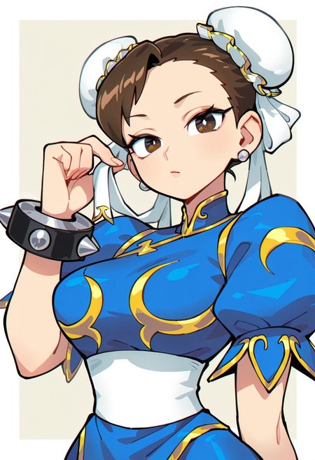 {{masterpiece,best quality,amazing quality,absurdres}}, {{flat shading, cel shading}}
BREAK
1girl, solo, upper body, simple background, portrait, looking at viewer, chun li, brown hair, white hair buns, blue dress, poofy sleeves, short sleeves, breasts