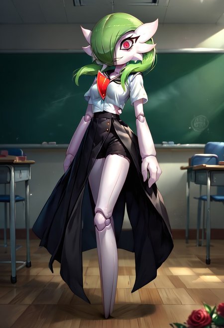 (((gardevoir))), female, anthro, pale white skin, score_9, score_8_up, score_7_up, source anime, , background, fancy school, classroom,, crazy, yandere, looking at viewer, depth of field, highly detailed, , green hair, red eyes, short hair with long locks, crazy eyes, Living Doll, looking at viewer,  solo, cowboy shot, full body,  horror, roses, black shorts, sailor shirt, doll, joints, bowing, smile,  detailed eyes, cute face,, (Masterpiece), (expressive eyes),