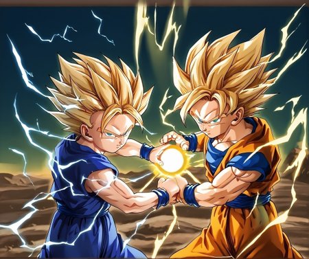 score_9,score_8_up,score_7_up,masterpiece, best quality, <lora:WHM 0.2v:0.5>, WHM, 2D,anime,  
(2boys:1.2),side by side,standing in different side,   cooperative kamehameha charge stance, looking at viewer, close up, age difference, size difference, 
charge stance, kamehameha charge stance, energy ball, aura, electricity,
<lora:kamehameha charge stance:0.5> 
BREAK
(2boys:1.2),side by side,standing in different side,cooperative kamehameha charge stance, looking at viewer,  close up,
charge stance, kamehameha charge stance, energy ball, aura, electricity,
( In a dark apocalyptic place:1.0),round iris,
son gohan, child,(ssj2:1.0), blue dojo ,
<lora:Son_Gohan_Teen_pony_Sayan_1_and_2:0.7>
BREAK
(2boys:1.2),side by side,standing in different side, cooperative kamehameha charge stance, looking at viewer,  close up,
charge stance, kamehameha charge stance, energy ball, aura, electricity,
(goku,sayan1), (super expresive), mature male,  
<lora:Goku_Pony_XL:0.5>
