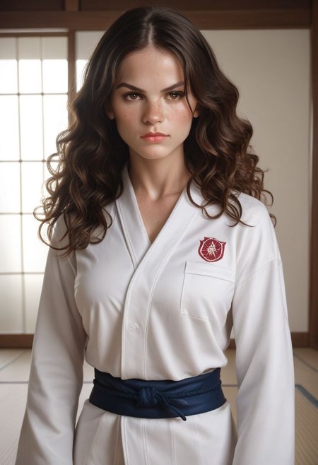 score_9, score_8_up, score_7_up, score_7, score_6_up, solo, 1dk, face focus, detailed face, beautiful face,
raw, realistic, d3t41l3d, 
1girl, 28-year-old, athletic, long hair, wavy hair, dark brown hair, hazel eyes, light freckles, freckles,  small beauty mark,  beauty mark
judo uniform, judo belt, 
indoors, fighting stance, dojo, dougi, 
confident, serious, ready,