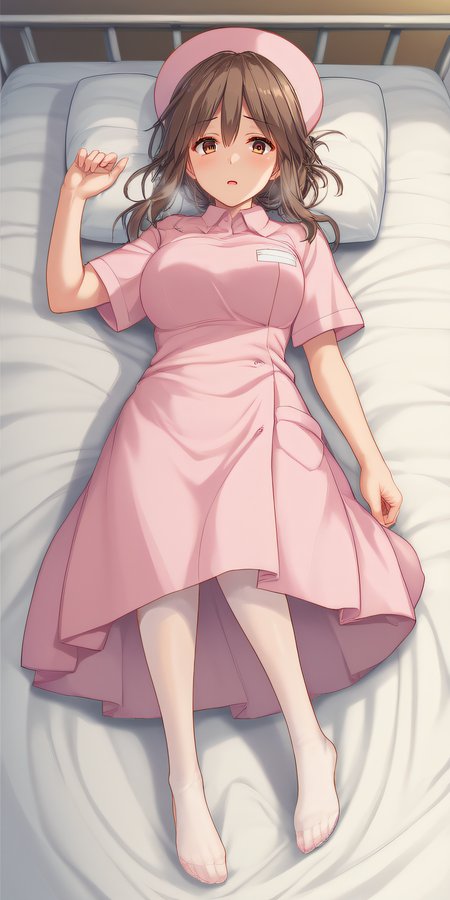 score_9, score_8_up, score_7_up, source_anime, rating_safe, intricate details, anime screencap, official style, 1girl, <lora:Akagi_Mio:1>, akagimio, brown hair, brown eyes, nurse, nurse cap, pink dress, short sleeves, white pantyhose, large breasts, indoor, looking at viewer, full body, lying on bed, embarrased, pillow, steaming background, steam, breathing, bed sheet, feet, sad expression, open mouth