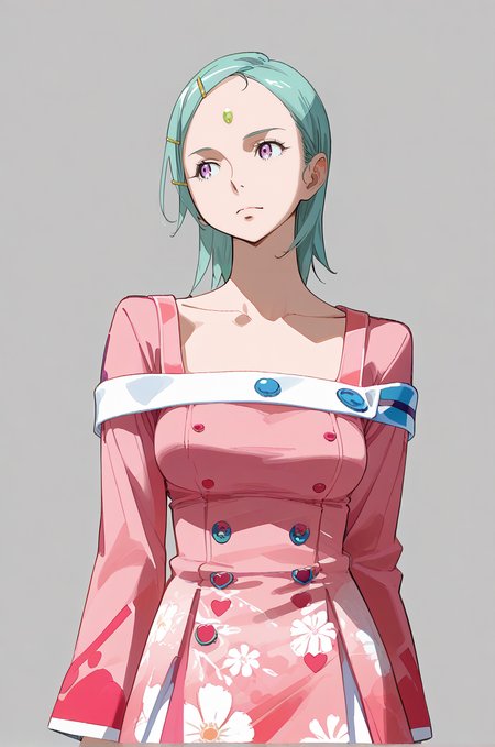 safe pos, <lora:Eureka:0.3>, <lora:Eureka - Eureka Seven V5:0.1>, <lora:Eureka - Eureka Seven Astral Ocean:1>, EAO, (purple eyes:0.8), aqua hair, short hair, hair ornament, hairclip, (forehead:1), (mature female:0.7), 1girl, solo, medium-large breasts, off shoulders, pink dress, off shoulder dress, floral print, armpit crease, legs, cowboy shot, looking away, head tilt, hand up, hand on own face, detailed, closed mouth, from front, soft skin, detailed, modern, gray background, simple background, cinematic, flat color, official art, [illustration], [screencap], source anime, vibrant colors, saturation, <lora:Watercolor Anime Style LoRA_Pony XL v6:0.5> watercolor \(medium\), traditional media,