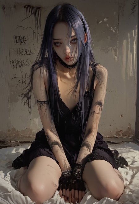 score_9, score_8_up, score_7_up, sinozick style , flat color, dark theme , source_comic, 1girl, solo, long hair, purple hair, choker, tattoos, black gothic dress, fishnet arm sleeves and gloves, fishnet stockings, black leather thigh high combat boots, dynamic sexy pose, sitting on the ground, inside an abandoned house, graffiti covered walls. looking at viewer, 
BREAK
cinematic angle, unique perspective, dramatic lighting