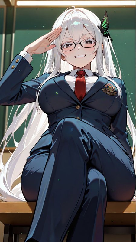 masterpiece,best quality,anime,
<lora:Breast Slider - Pony_alpha1.0_rank4_noxattn_last:2>,
<lora:AkiFn_IllXL:0.5>,
solo,
alluring face,happy,blush,
hand up,salute,sitting,crossed legs,looking at viewer,looking down,from below,
<lora:Echidna-Rezero-Illustrious-V3:1>,
Echidona,thick eyelashes,white colored eyelashes,black eyes,hair between eyes,white hair,very long hair,butterfly hair ornament,
RNDFit,glasses,necktie,blazer,
<lora:HandFixer_pdxl_Incrs_v1:0.5>,handfixer,
<lora:illustriousXL_stabilizer:1>,