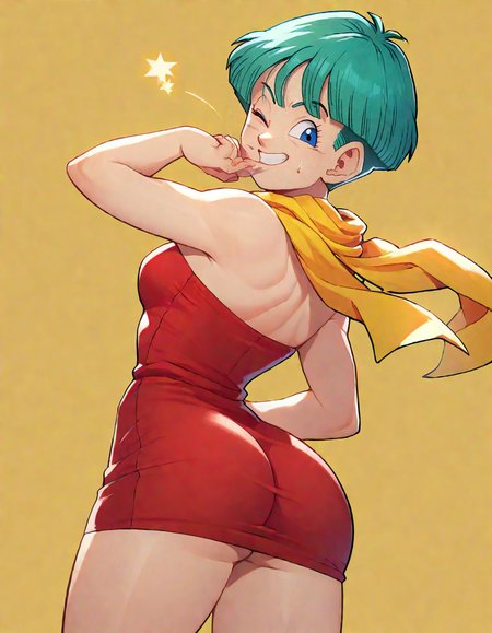 zPDXL
bulmaxl, 1girl, solo, 
short hair, red dress, yellow scarf, short dress, looking back, ass, one eye closed, smile, cowboy shot,  strapless, bare shoulders, 
<lora:bulmaxl4-000003:0.7>  ,