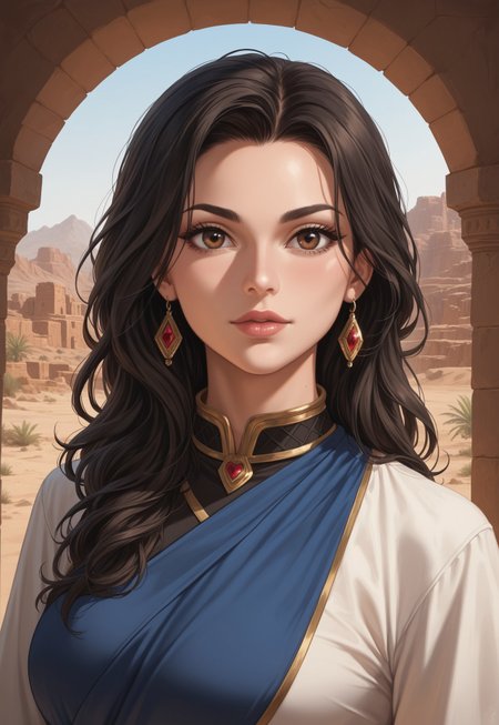 score_9, score_8_up, score_7_up, 1girl, solo, desert nomad, flowing robes with intricate embroidery and desert-inspired patterns, ancient curved scimitar with a polished bronze blade and a wrapped leather handle, long wavy black hair adorned with desert flowers, realistic, cinematic angle, cinematic lighting, slender body, mysterious face, deep brown eyes, vigilant pose
BREAK
standing guard at an oasis in the heart of the desert
BREAK
source_fantasy_art, rating_explicit, expressive, full body, dynamic pose
BREAK
detailed beautiful background, vast desert landscape with rolling sand dunes and distant mirages, lush oasis with palm trees and a sparkling pool of water, ancient ruins and desert creatures, distant mountains with rugged cliffs, mystical atmosphere with a sense of adventure and mystery
<lora:Expressive_H:0.6>Expressiveh, (SimplepositiveXLv1:1.3), (upper body, full clothed:1.85) ((masterpiece)) (ultra realistic, 32k, masterpiece:1.2), (high detailed skin:1.1), (high quality:1.1) (((full clothed))) <lora:DandonFuga_Style_v.2_-_Pony:0.8> 
<lora:add-detail-xl:1> 
<lora:Dynamic Poses:1>