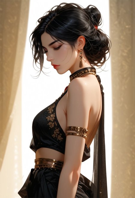 (score_9, score_8_up, score_7_up), 1 girl, savita bhabhi, India Model ,black hair, slave leia outfit,skirt lift, 1girl,,pale skin,goth,nsfw, baroque clothes,side angle, from side, viewed from side, Look to Viewer