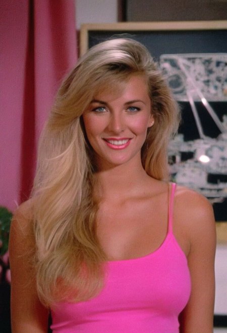 MiamiVice, analog photo, woman, long blonde hair, indoors, beach house, blue eyes, glossy pink lipstick, pink tank top, cute smile, full body, belly button, black short shorts, black fingerless gloves, pink nails, hand on hip, hip sway, legs apart, head tilt, (soft focus, depth of field, film grain, masterpiece, looking at viewer) <lora:MiamiVicev2-XL:0.4> <lora:EuroBabe-v4-XL:0.6> <lora:CyberRealistiv_Negative_SDXL>