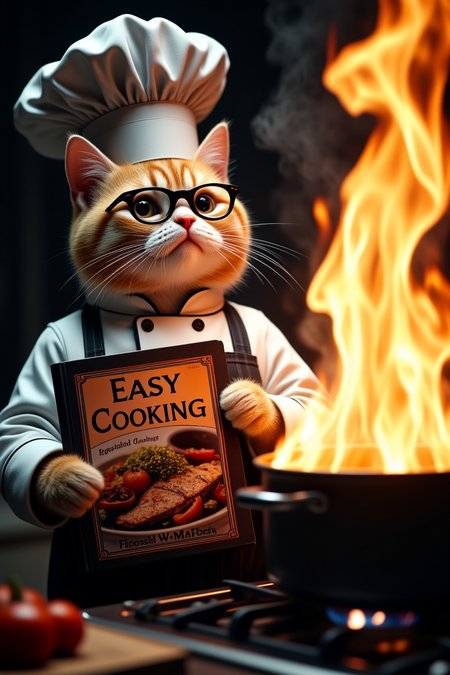 A cat wearing black-rimmed glasses, dressed in a chef's outfit but without a hat, holds a cookbook titled 'Easy Cooking' in both paws. The cover of the book features a fish dish. Beside the cat, a large pot is on the stove, with flames dramatically rising from it. The scene is rendered with high contrast, vibrant colors, and ultra-detailed textures, capturing a surreal yet hyper-realistic style with intricate details and high quality.
<lora:Dever_Flux_Enhancer:0.5>
<lora:ImageUpgraderV2:0.5> detailmaximizer 
<lora:MidjourneyV6.1:0.6> midjourneyv6.1