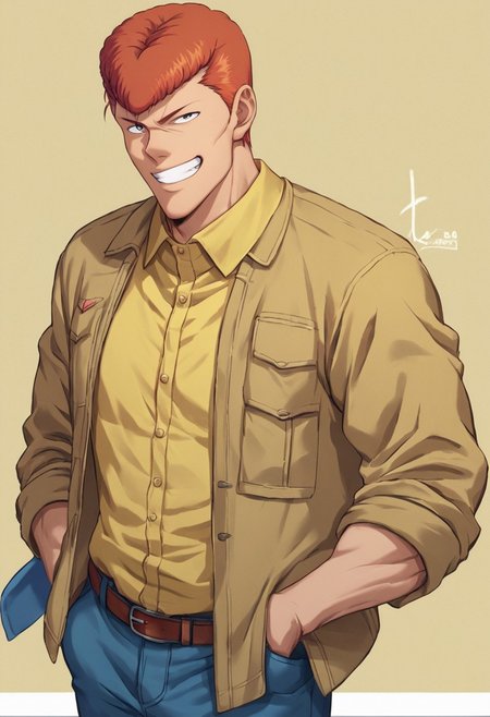 score_9, score_8_up, score_7_up, muscular male, big pecs, kuwabu,
solo, looking at viewer, smile, short hair, shirt, 1boy, holding, standing, jacket, cowboy shot, teeth, collared shirt, belt, pants, hand up, orange hair, grin, blue jacket, yellow background, pocket, hand in pocket, yellow shirt, holding clothes, blue pants, shirt tucked in, jacket removed, pompadour, holding jacket, male focus, background, muscular male, anime, red hair, bara