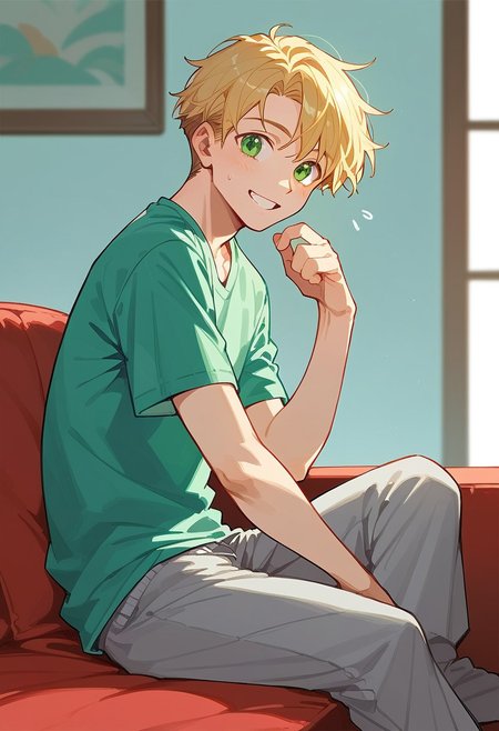 score_9, score_8_up, score_7_up, score_6_up, Aleshenka, masterpiece, best quality, BREAK 1boy, solo, open eyes, green eyes, green t-shirt, gray sweatpants, blonde hair, short hair, handsome, tall, smile, sitting on the red sofa, side view, looking at viewer, living room, simple background