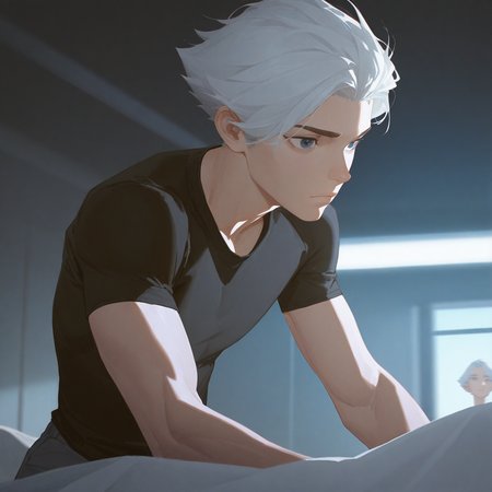 <lora:NICE:1>mr_nice, 1girl, solo, short hair, shirt, 1boy, closed mouth, upper body, white hair, grey hair, male focus, short sleeves, solo focus, indoors, blurry, dark blue eyes, black shirt, depth of field, t-shirt, realistic, blanket, shorts, detailed background, motion blur, film grain, abstract, natural lighting, fantasy, cinematic, dynamic view, tilted angle, very awa, masterpiece, best quality, absurdres, newest, perfect quality, detailed background, intricate details,  (artist:fl \(l-fl\):0.7), (artist:tooboshoo:0.7), (artist:dizdoodz:0.8)