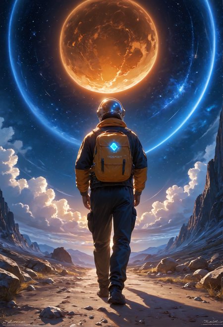 score_9,score_8_up,score_7_up,embedding:zPDXL2, masterpiece,best quality,highly detailed,detailed background, film grain,colorful,glowing,hand person,Expressiveh, , solo, 1boy, standing, male focus, bag, from behind, watermark, backpack, helmet, star \(sky\), scenery, 1other, science fiction, realistic, space, planet, ambiguous gender, spacecraft, spacesuit, astronaut, starship，<lora:增强\(增强)sdxl_lightning_8step_lora.safetensors:1.0:1.0> <lora:增强\(增强)Expressive_H-000001.safetensors:0.8:0.8> <lora:增强\(增强)Hands XL 4.safetensors:1.0:1.0> <lora:增强\glowneon_xl_v1.safetensors:1.0:1.0> <lora:Vixon\收藏\Vixon's Pony Styles Illumi.safetensors:0.8:0.8>