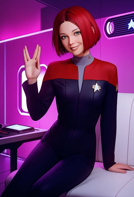8k UHD, 1440p, hires, score_9, score_8_up, score_7_up, score_6_up, score_5_up, intricately detailed face, 1girl, solo, smile, short hair, sitting in commander chair, red hair, socks, pants, slim hips, thin legs, flat chest, petite, sensitive,science fiction,machinery,lever,spaceship scenery,spaceship interrior,screens,flashing lights,spaceship chair,vulcansalute hand gesture<lora:VulcansalutePonyV1-000035>
voyunf, red star trek uniform,red shoulders,long black sleeves,black pants,black jumpsuit,grey Vneck<lora:VoyPony:0.8>