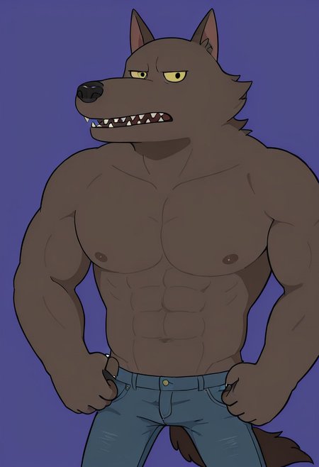score_9_up, score_8_up, score_7_up, detailed, high quality, masterpiece, best quality, amazing quality, solo, male, anthro, w0lfman-bare-chest, werewolf, brown fur, yellow eyes, dark nose, teeth, muscles, abs, pecs, nipples, bare chest, skinny jeans, brown tail, half body, looking at viewer neutral expression, simple background.
