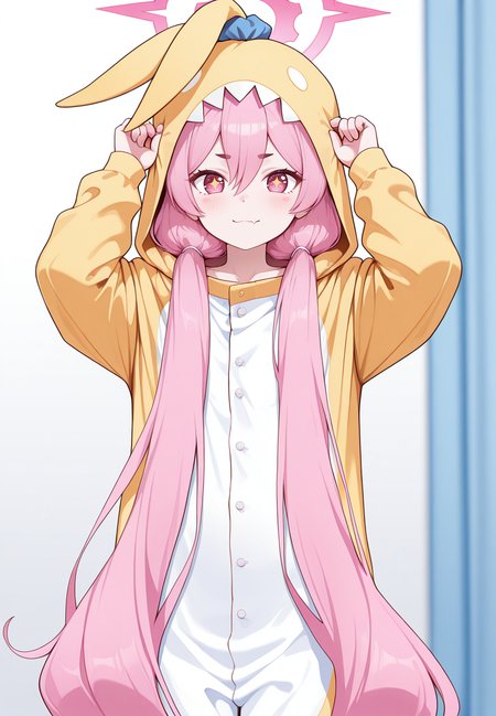 zPDXL3, score_9_up, score_8_up, score_7_up, ,Masterpiece,(perfect female body:1.2), small waist, (incredibly detailed:1.4), beautiful fingers, looking at viewer,  <lora:Kurosaki_Koyuki_-_Blue_Archive_Kaleid_Illustrious:1> kurosakikoyuki_\(arknights\), 1girl, pink hair, very long hair, twintails, pink eyes, sparkling eyes, halo, pajamas, long sleeves, hood, animal costume