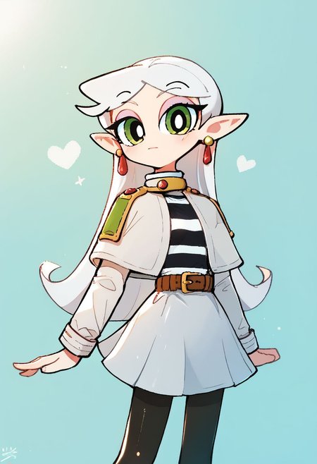 <lora:powerpuff_girls_Kim_Crab_style:1>powerpuff <lora:ChamFrierenPonyXL:1> Frieren,green eyes,white hair,long hair,, long wintails, earrings,small chest, flat, white capelet, striped shirt, long sleeves, belt, white skirt, black pantyhose, Score_9, Score_8_up, Score_7_up, Score_6_up, Score_5_up, Score_4_up, BREAK,1girl in full growth, best quality, masterpiece, ultra-detailed, high quality,good quality,1 girl,(master piece,high resolution, ultra detailed,8K,16K),look at viewer