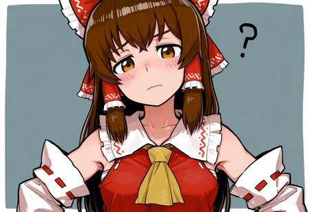 best quality, hires, thick outlines,
upper body, looking at viewer, head tilt,
1girl, solo, (kanna \(cookie\):1.2), (hakurei reimu:0.5),
long hair, brown hair,
hair bow, hair tubes, frilled tubes, frilled bow,
blush sticker, tareme, 
bare shoulders, detached sleeves, ribbon trimmed sleeves, white sleeves,
sarashi,
red shirt, frilled shirt collar,
ascot,
medium breasts, skinny,
closed mouth, shrugging, ?, raised inner eyebrow,