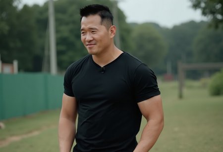 (((The man whose face is htkangface is standing alone))), (((solo))), east Asian face, daddy, natural face expression,   Photorealistic, realistic, masterpiece, intricate details, detailed background, depth of field, photo of a handsome, dynamic pose, natural face expression, high detail, high quality, Movie Still, Film Still, Cinematic, Cinematic Shot, Cinematic Lighting, ring, (((pectoral))), (((virility))),  4k, highly detailed . 35mm photograph, film, masterpiece, 4k,professional, 4k, highly detailed,  ((big remarkable nipples)), (((covered nipples))), ((huge nipples)),(((sweaty))),  (((in playground))),   (((wearing black tshirt and pants))),  sweaty, Showing off muscle, close up portrait, ((The man looks horney. He is panting))