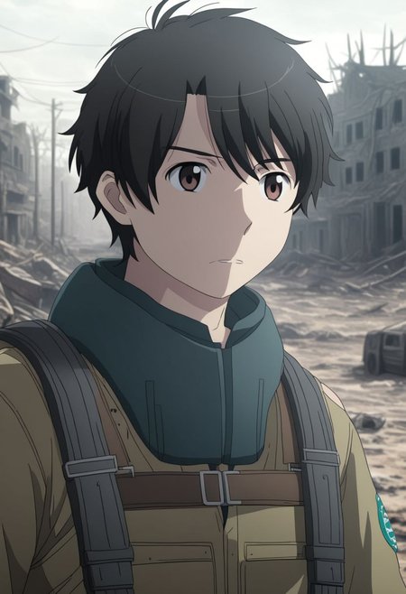 high resolution, solo, best quality, 1Boy, Inaho Kaizuka, Black Hair, Brown Eyes, shallow depth of field, Post-Apocalyptic, survival, OverallDetail