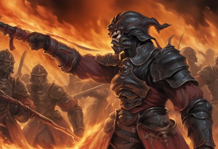 score_9, score_8_up, score_7_up, score_6_up, 
Gaius_Baelsar, solo, helmet, from the side, fighting, war, fire, blood, soldiers