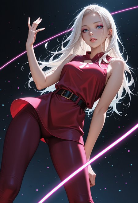 depth of field, focused subject, ((dynamic angle)), sexy pose, best quality, detailed eyes, perfect eyes, realistic eyes, 
white hair, pink highlights, loose curls, long hair, blue eyes, ((full lips)), (mascara), makeup, 
slim body, small ass, medium breast, 
(red sleeveless tunic),  (maroon leggings), black belt, 
BREAK, 
dynamic pose, 
movie perspective, black background, neon lines, neon circles, neon light, abstract background, dark background, ((dynamic lights))