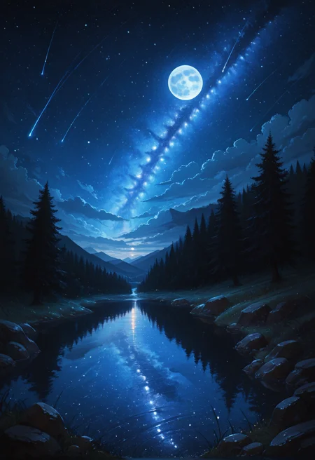 star \(sky\), scenery, sky, no humans, starry sky, night, moon, outdoors, night sky, tree, nature, water, full moon, rock, reflection, grass, forest, mountain, shooting star, cloud, milky way, lake, river, landscape, <lora:Detailer_NoobAI_Incrs_v1:0.75>, masterwork, masterpiece, best quality, dynamic lighting , dynamic pose,,  dynamic angle, , , (realistic:1.2), (lineless:1.2), detailed,  , aged up, adult, depth of field, dynamic lighting, blurry, cheekbones, <lora:zy_illustrious_Realism_Enhancer_v1:0.5>