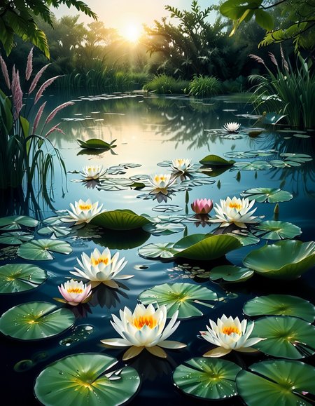A highly detailed and realistic photograph of a serene lily pond surrounded by lush greenery. The calm water reflects the soft sunlight filtering through the overhanging trees. The surface is adorned with vibrant green lily pads, some with delicate pink and white water lilies in full bloom. A few dragonflies hover above the water, their wings catching the light. Gentle ripples create subtle distortions in the reflection of the sky and foliage. In the background, a dense array of reeds and aquatic plants frame the pond, adding depth and texture. The soft golden glow suggests late afternoon or early evening, enhancing the tranquil and picturesque atmosphere. The composition is balanced, drawing the viewerâs eye toward the natural beauty of the water lilies and their intricate details.
 <lora:SDXLFaeTastic2400:0.4> <lora:extremely_detailed:0.4> extremely detailed,<lora:lily_p0nd:1>,lily p0nd, Masterpiece,best quality,hi res,8k,hi res,8k,award winning,(sharp focus, intricate, highly detailed),